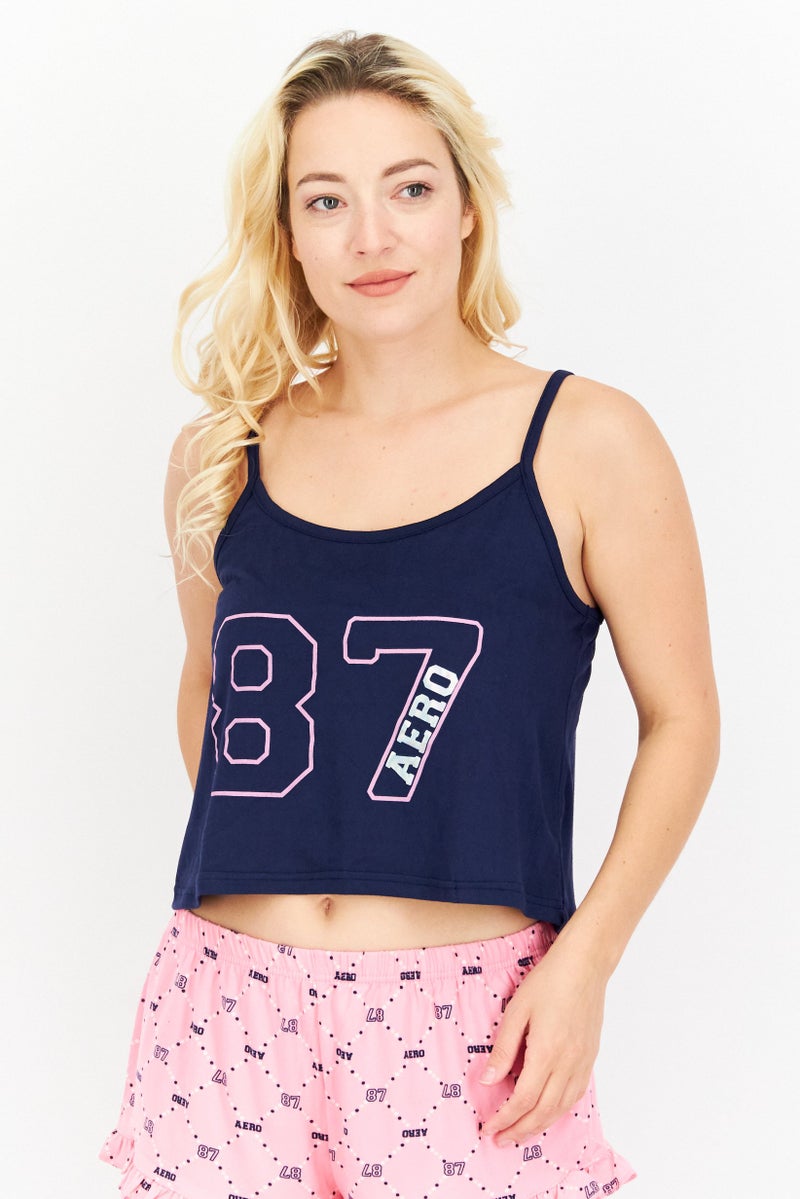 Aeropostale طقم نسائي مكون من 2 قطعة طباعة جرافيكية علوي وسروال قصير، أزرق Navy/وردي - Image 1