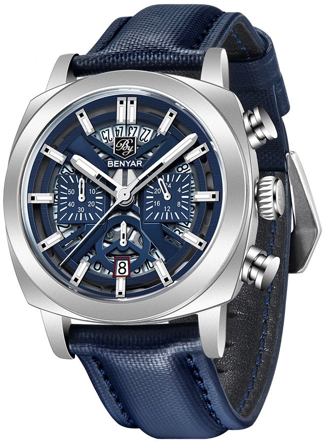 BENYAR Men's Exquisite Quartz Watches, 43MM Stainless Steel Black Waterproof Frame, Luminous Hands, Date Display, Chronograph, Silver Blue Dial, Blue Leather Strap BY-5205 - Image 1