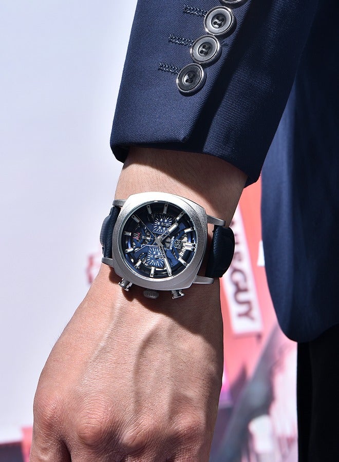 BENYAR Men's Exquisite Quartz Watches, 43MM Stainless Steel Black Waterproof Frame, Luminous Hands, Date Display, Chronograph, Silver Blue Dial, Blue Leather Strap BY-5205 - Image 2