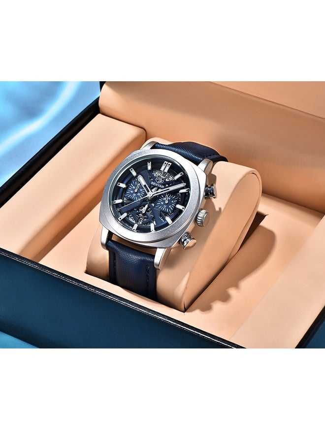 BENYAR Men's Exquisite Quartz Watches, 43MM Stainless Steel Black Waterproof Frame, Luminous Hands, Date Display, Chronograph, Silver Blue Dial, Blue Leather Strap BY-5205 - Image 3