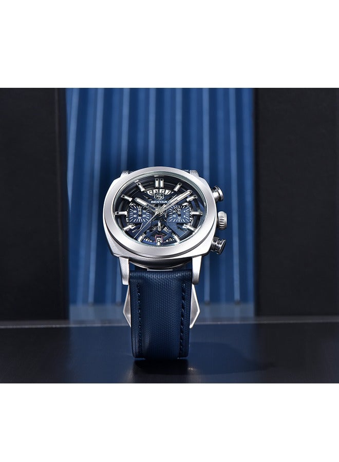 BENYAR Men's Exquisite Quartz Watches, 43MM Stainless Steel Black Waterproof Frame, Luminous Hands, Date Display, Chronograph, Silver Blue Dial, Blue Leather Strap BY-5205 - Image 4