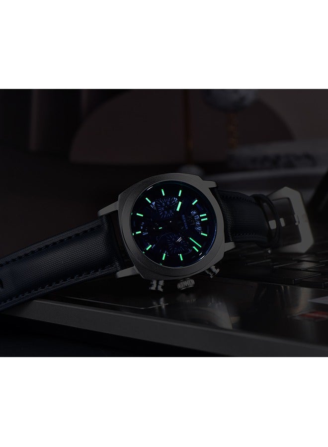 BENYAR Men's Exquisite Quartz Watches, 43MM Stainless Steel Black Waterproof Frame, Luminous Hands, Date Display, Chronograph, Silver Blue Dial, Blue Leather Strap BY-5205 - Image 5