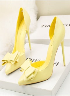 Eloshman Fashionable And Delicate, Sweet Bow, Shallow Mouthed Pointed Side Cut High Heels Yellow  - Image 2