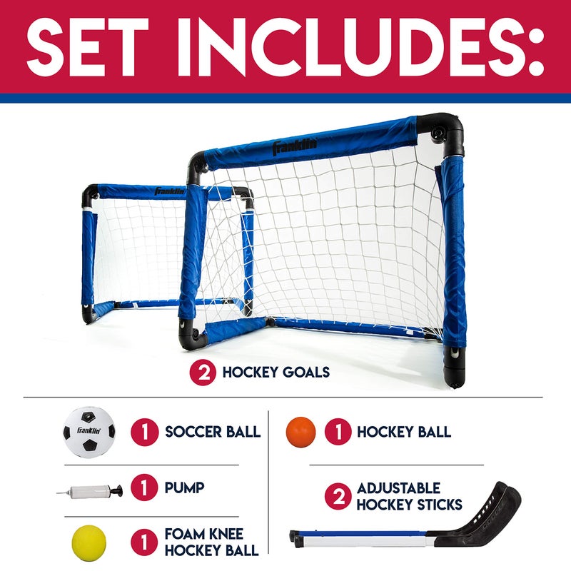 Franklin Sports Indoor Mini Goal Sports Set - 3 in 1 Kids Indoor Goal Set - Indoor Mini Floor Hockey, Knee Hockey, and Mini Soccer Set for Kids, Blue, 22 x 17.5-Inch - Image 1