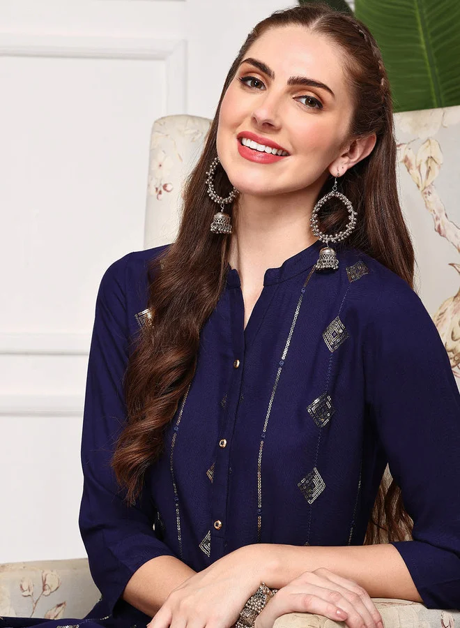 ISHIN  Navy Blue Ethnic Motifs Embellished Band Collar Sequins Straight Kurta for Women | Best Price UAE