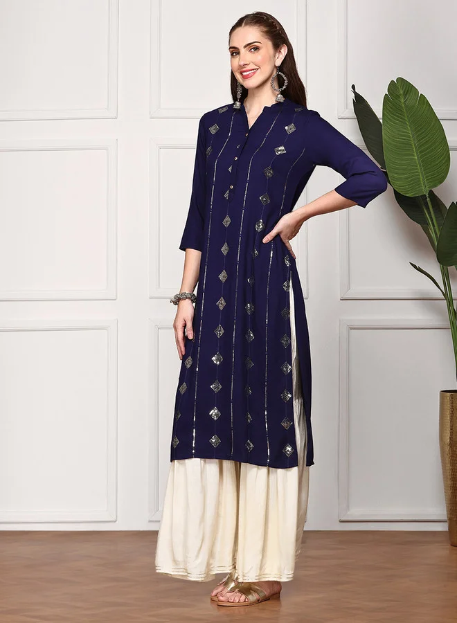 ISHIN  Navy Blue Ethnic Motifs Embellished Band Collar Sequins Straight Kurta for Women | Best Price UAE