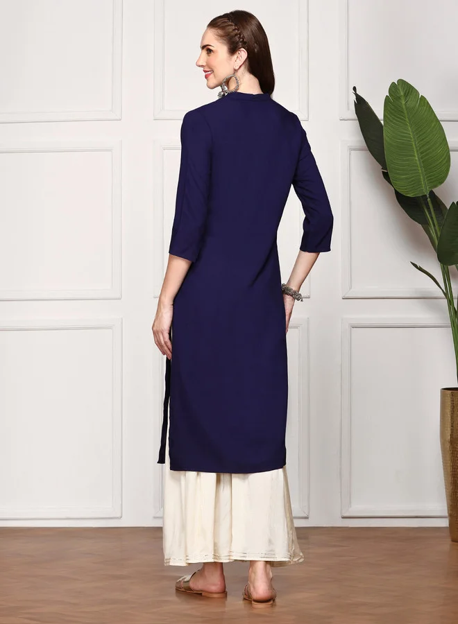 ISHIN  Navy Blue Ethnic Motifs Embellished Band Collar Sequins Straight Kurta for Women | Best Price UAE