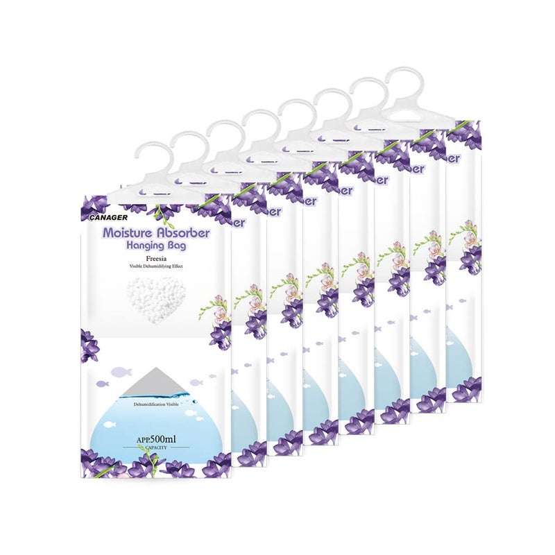 CANAGER Hanging Moisture Absorber Freesia Moistureproof Hanging BagDehumidifier Bag 8 packs Hanging Closet Dehumidifier Bags Moisture Absorb 125 oz