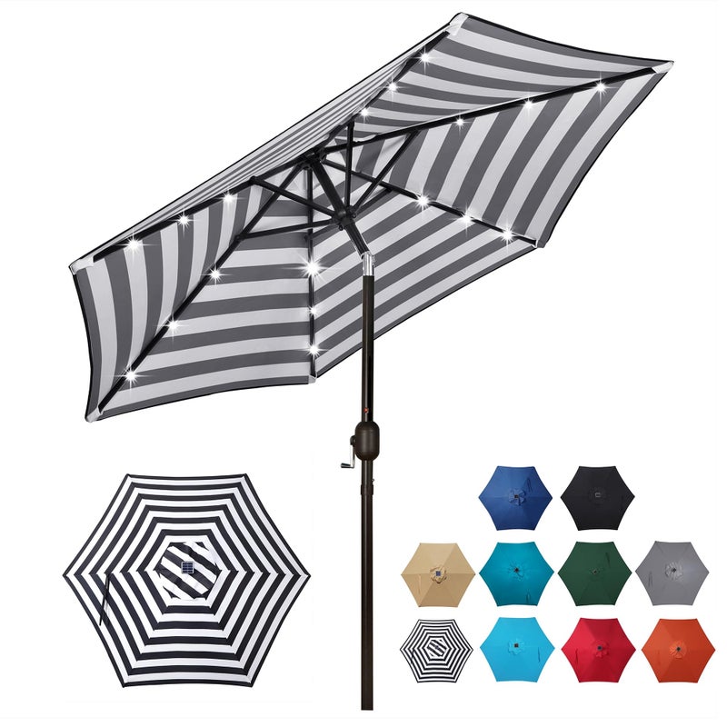 Blissun 7.5 ft Solar Umbrella 18 LED Lighted Patio Umbrella Table Market Umbrella with Tilt and Crank Outdoor Umbrella for Garden, Deck, Backyard, Pool and Beach (Black & White) - Image 1