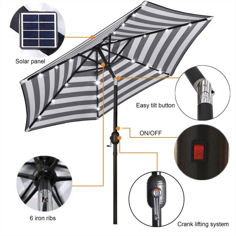 Blissun 7.5 ft Solar Umbrella 18 LED Lighted Patio Umbrella Table Market Umbrella with Tilt and Crank Outdoor Umbrella for Garden, Deck, Backyard, Pool and Beach (Black & White) - Image 2