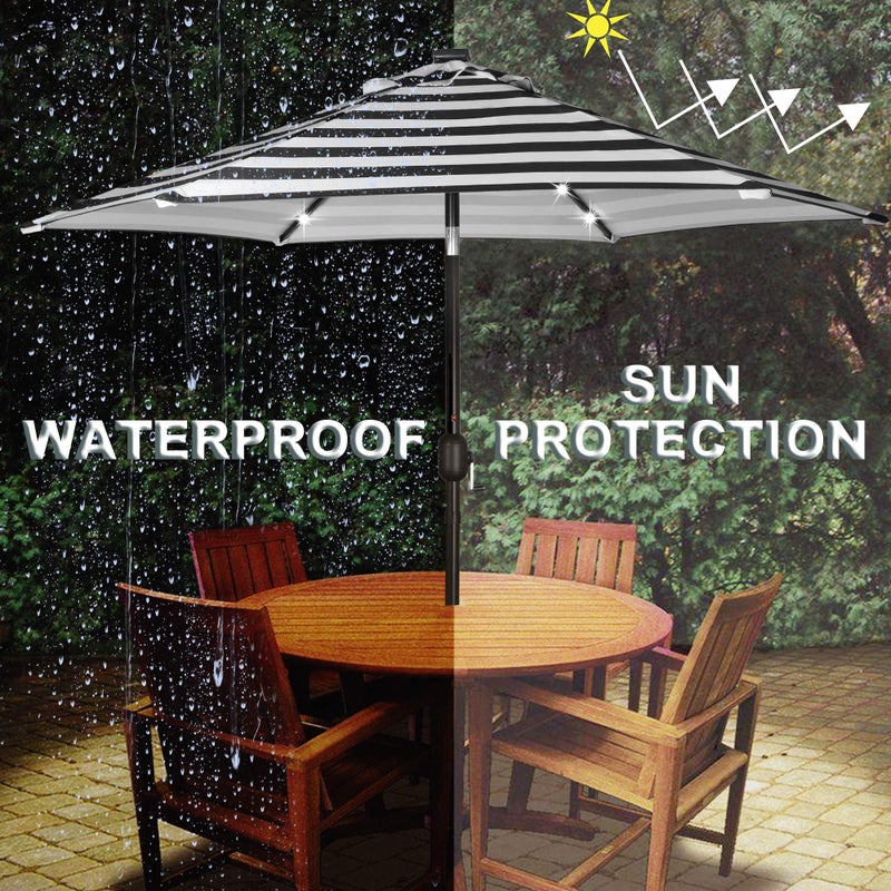 Blissun 7.5 ft Solar Umbrella 18 LED Lighted Patio Umbrella Table Market Umbrella with Tilt and Crank Outdoor Umbrella for Garden, Deck, Backyard, Pool and Beach (Black & White) - Image 3