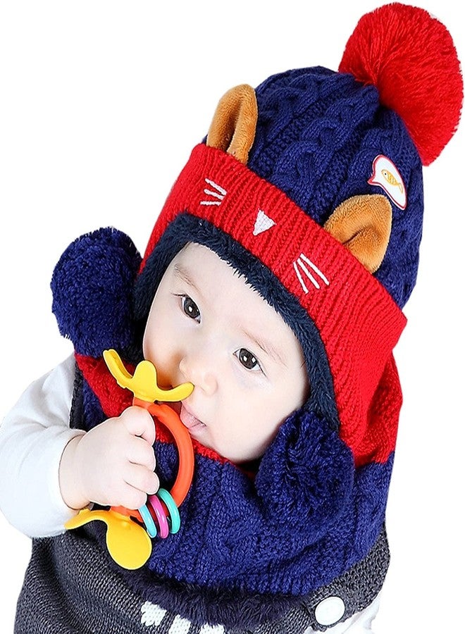 Malvina Unisex Baby Kids Hats Handmade Knitted Scarf Hats & Caps Toddler Knitted Hoodie Winter Head Scarf Neck Warmer Cute Cat Hooded Scarf Hats Soft Plush Lining for 6 Months-2 Years (Dark Blue) - Image 1