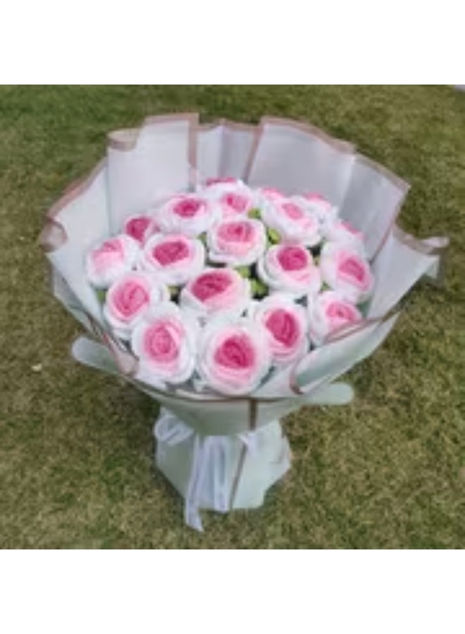 إيروريكس باقة ورد كروشيه يدوية متدرجة من الوردي إلى الأبيض – 16 قطعة، زهور صناعية واقعية للزفاف، عيد الأم، عيد الحب، ديكور بدون صيانة - Image 1