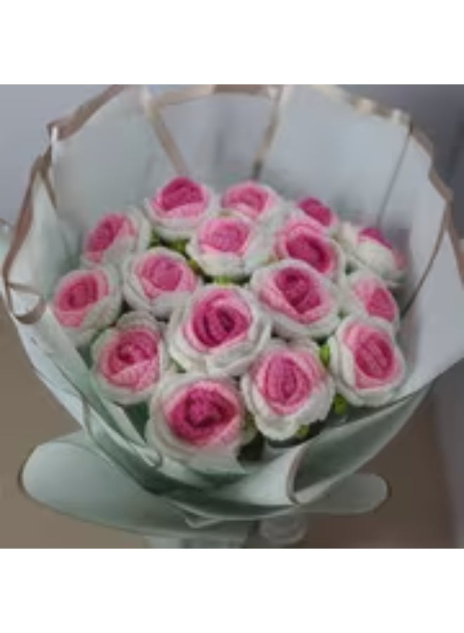 إيروريكس باقة ورد كروشيه يدوية متدرجة من الوردي إلى الأبيض – 16 قطعة، زهور صناعية واقعية للزفاف، عيد الأم، عيد الحب، ديكور بدون صيانة - Image 4