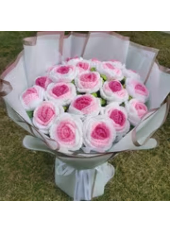 إيروريكس باقة ورد كروشيه يدوية متدرجة من الوردي إلى الأبيض – 16 قطعة، زهور صناعية واقعية للزفاف، عيد الأم، عيد الحب، ديكور بدون صيانة - Image 2