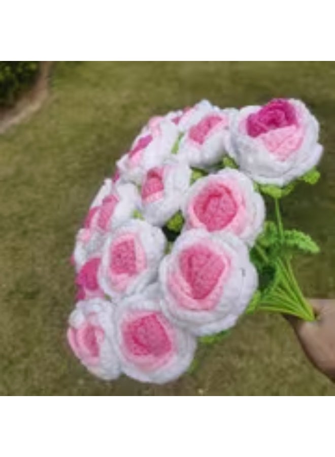 إيروريكس باقة ورد كروشيه يدوية متدرجة من الوردي إلى الأبيض – 16 قطعة، زهور صناعية واقعية للزفاف، عيد الأم، عيد الحب، ديكور بدون صيانة - Image 5