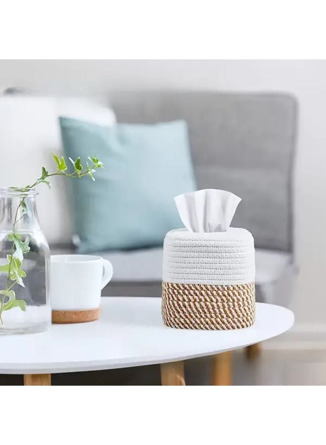 حامل علبة مناديل القطن بتصميم نوردي منسوج باللون الأبيج والأبيض لديكور المنزل وتخزين الحمام - Image 1