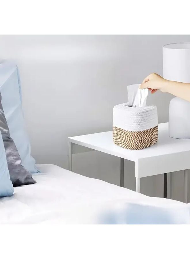 حامل علبة مناديل القطن بتصميم نوردي منسوج باللون الأبيج والأبيض لديكور المنزل وتخزين الحمام - Image 3