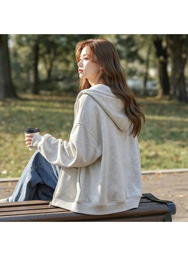 Flying in the snow Women's Jacket 2025 Early Autumn Lightweight Daily Casual Versatile Loose Lazy Feel Heavyweight Hooded Cardigan Sweatshirt - Image 4