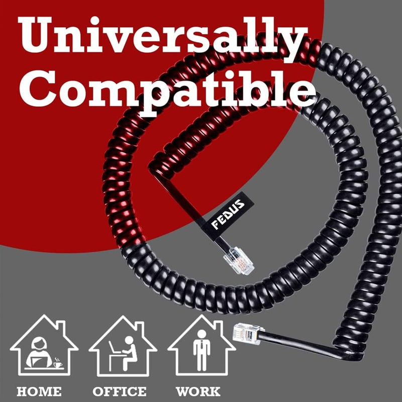 FEDUS Telephone Phone Handset Cable Corded, 12Ft Uncoiled / 2Ft Coiled, Landline Phone 4P4CPure-Copper Coiled Curly Cord Male to Male RJ9/RJ10 Cable, Telephone Accessory, Pack 5 - Image 3