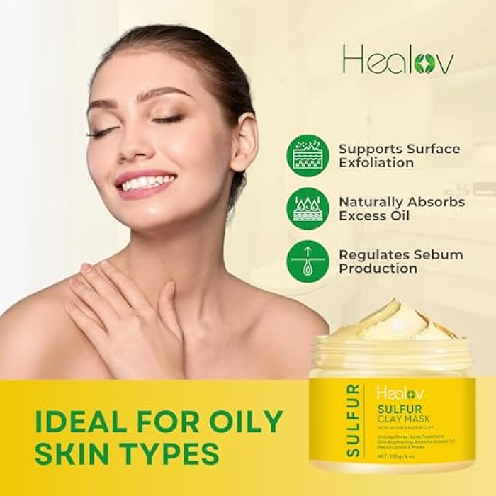 Healov قناع الكبريت للوجه - قناع طين الكبريت الطبيعي بالكامل - عناية بالبشرة المتألقة لحب الشباب، البقع، البشرة الدهنية - كريم الكبريت لحب الشباب يمتص الزيت الزائد ويفتح المسام - علاج قناع الكاولين - Image 2