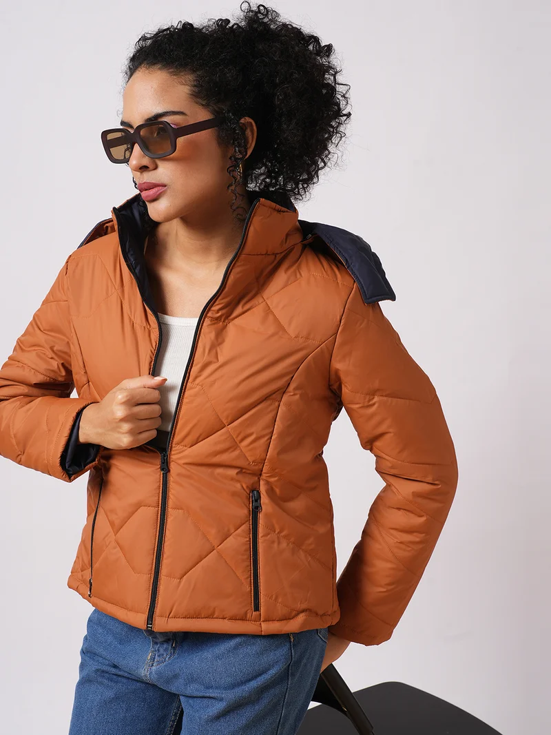 globus Women Hooded Solid Casual Quilted Reversible Jacket