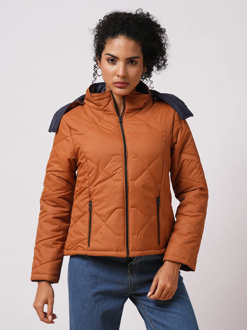 globus Women Hooded Solid Casual Quilted Reversible Jacket
