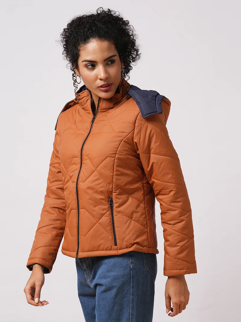 globus Women Hooded Solid Casual Quilted Reversible Jacket