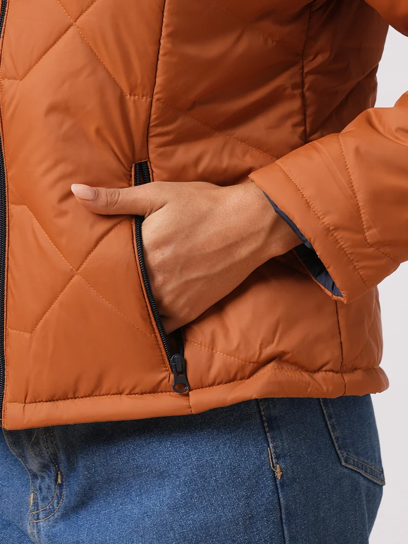 globus Women Hooded Solid Casual Quilted Reversible Jacket