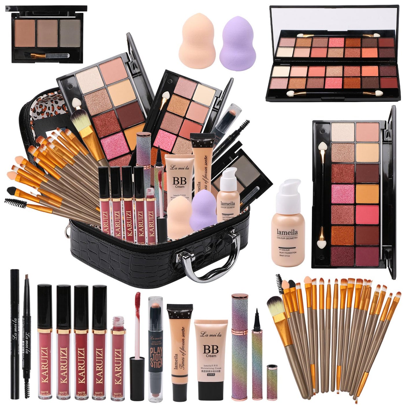 All in One Makeup Kit Full Kit Multipurpose Essential with Eyeshadow PaletteLip GlossFoundationMascaraEyebrow PencilEyelinerContour StickMakeup BrushesCosmetic Bag Makeup Set for Women DA112