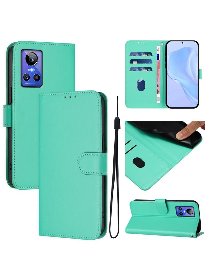 جراب هاتف جلدي بلون سادة لهاتف Realme GT Neo 3 مع حزام (أخضر)