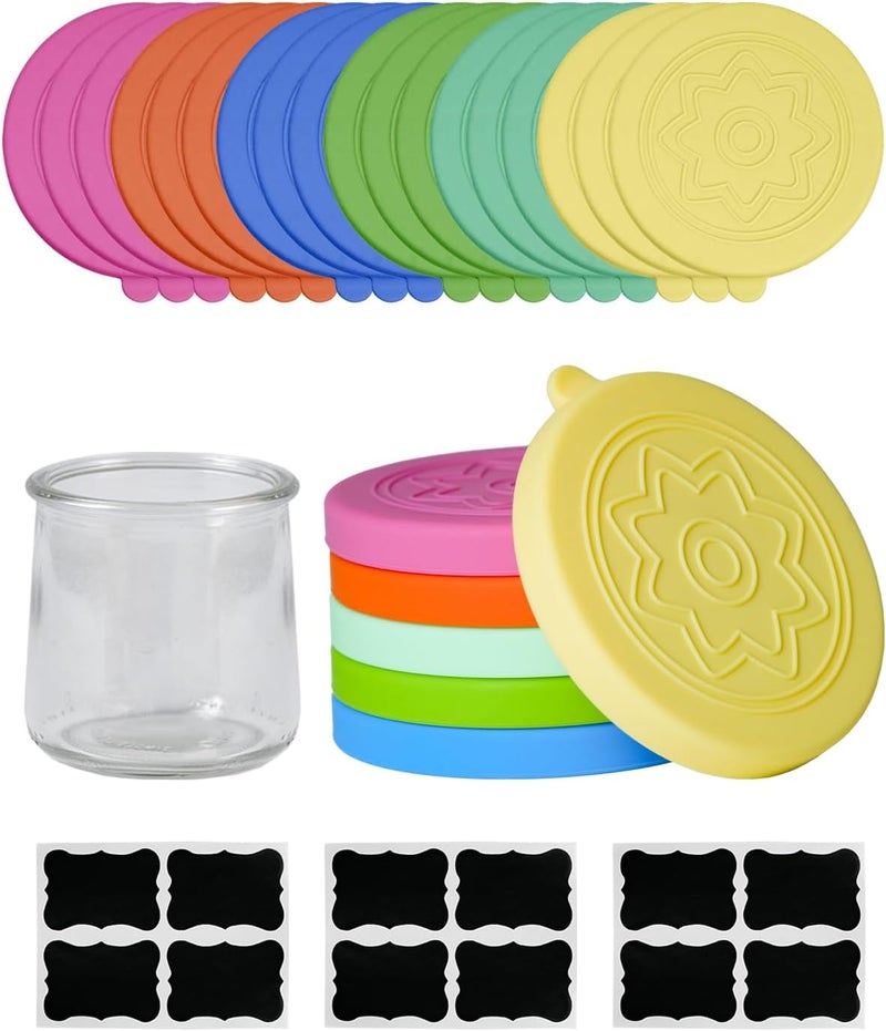 TERESRY 24 Pack Silicone Oui Yogurt Jar Lids with 8 Labels, Food-Grade Lids for 5Oz Oui Yogurt Jars, Reusable Silicone Canning Covers Perfect for Oui Yogurt Bottle, Multicolor(Jar not Includ) - Image 1
