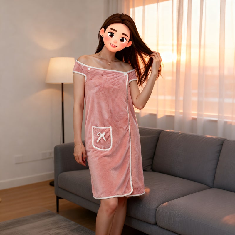 Women Light Pink Robe Ultra Soft Comfortable Absorbent Cute Pocketed Lightweight Wearable Bathrobe - Image 4