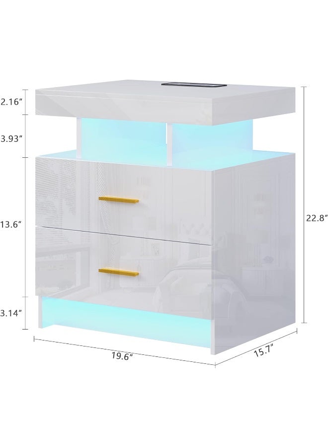 Generic Hnebc  Auto Led Nightstand With Wireless Charging Station And Usb Ports, High Gloss Bedside Tables With 2 Drawers, Floating Nightstand With 4 Color And Adjustable Brightness Embedded Led Light Strip  - Image 4