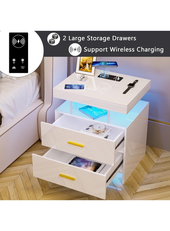Generic Hnebc  Auto Led Nightstand With Wireless Charging Station And Usb Ports, High Gloss Bedside Tables With 2 Drawers, Floating Nightstand With 4 Color And Adjustable Brightness Embedded Led Light Strip  - Image 3
