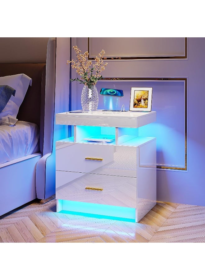 Generic Hnebc  Auto Led Nightstand With Wireless Charging Station And Usb Ports, High Gloss Bedside Tables With 2 Drawers, Floating Nightstand With 4 Color And Adjustable Brightness Embedded Led Light Strip  - Image 2