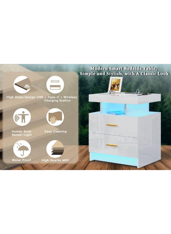 Generic Hnebc  Auto Led Nightstand With Wireless Charging Station And Usb Ports, High Gloss Bedside Tables With 2 Drawers, Floating Nightstand With 4 Color And Adjustable Brightness Embedded Led Light Strip  - Image 1