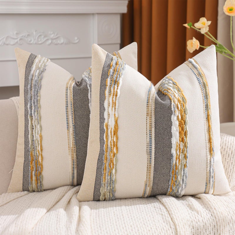 Tosleo Boho Tufted Throw Pillow Covers 18x18 Set of 2 Striped Decorative Pillow Cases Accent Chenille Pillowcases Farmhouse Cushion Case Bohemian Nuetral Textured Pillow CoverYellow and Gray