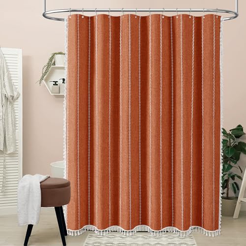 BTTN Boho Farmhouse Shower Curtain, Linen Rustic Weighted Striped Fabric Shower Curtain Set with Tassel, Water Repellent, Bohemian Vintage Country Shower Curtains for Bathroom, Burnt Orange, 72x72 - Image 2
