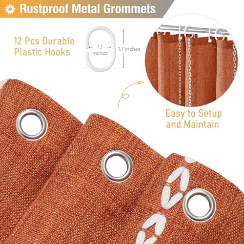 BTTN Boho Farmhouse Shower Curtain, Linen Rustic Weighted Striped Fabric Shower Curtain Set with Tassel, Water Repellent, Bohemian Vintage Country Shower Curtains for Bathroom, Burnt Orange, 72x72 - Image 5