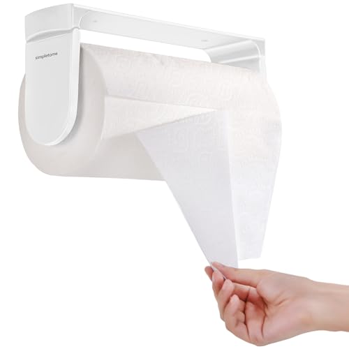 simpletome ONE HAND TEAR Paper Towel Holder Under Cabinet Adhesive or Drilling Installation Aluminum Alloy  ABS White