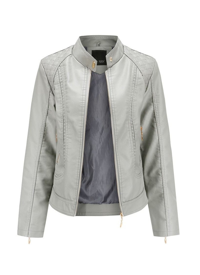 Women's Leather Jacket With Standing Collar PU Leather Jacket Grey - pzsku/Z1B7247FA41C9B303A32DZ/45/_/1691895486/97278ef5-15cc-416f-bb61-1ebb7a762738