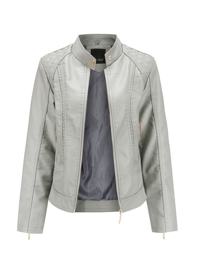 Loquat Women's Leather Jacket With Standing Collar PU Leather Jacket Grey - Image 1