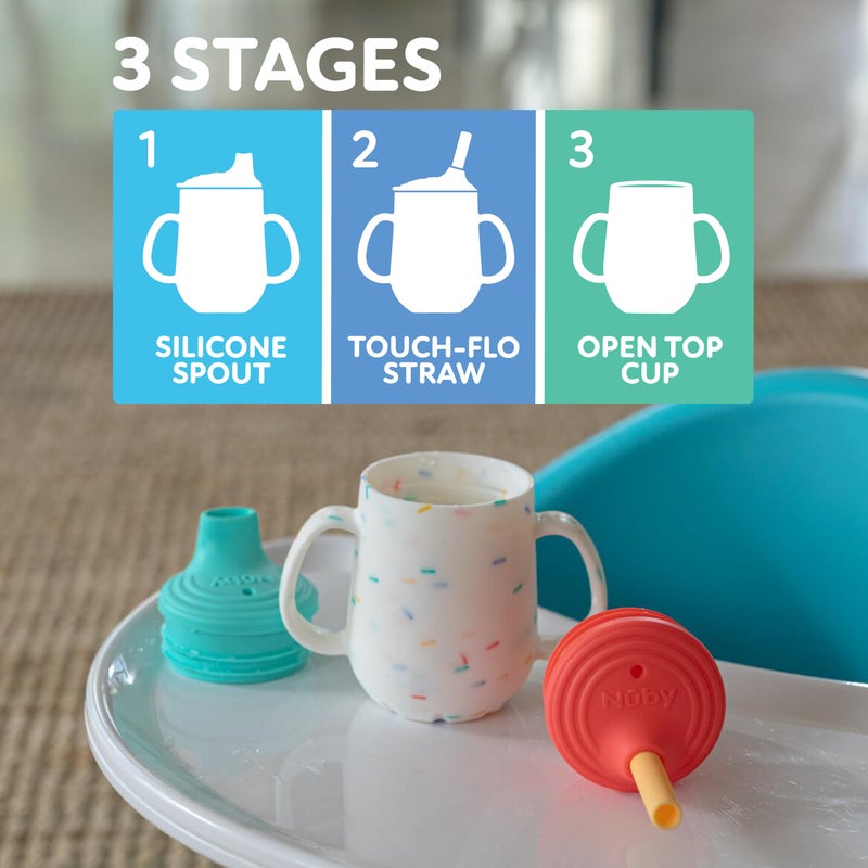 Nuby 3-Stage Training Cup Set - Silicone Tumbler with Spout and Straw Combo - 4 oz - 6+ Months - Girls - Image 5