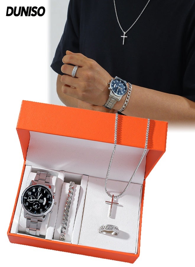 DUNISO 4pcs Elegant Men's Quartz Watch & Accessory Gift Set, Includes Stylish Fashion Necklace & Ring & Bracelet in Display Box, Ideal Trendy Present for Friends - Image 1