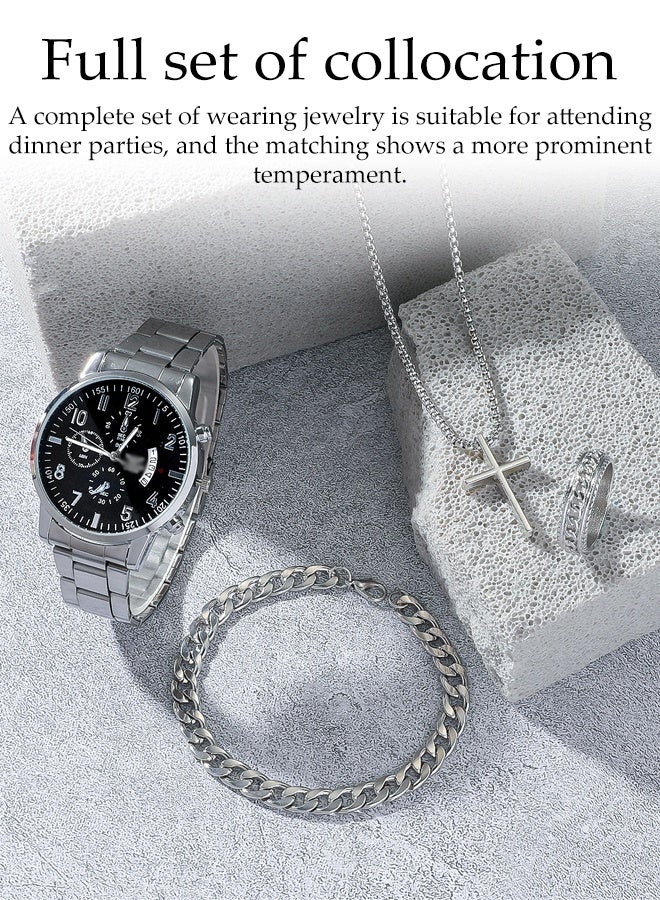 DUNISO 4pcs Elegant Men's Quartz Watch & Accessory Gift Set, Includes Stylish Fashion Necklace & Ring & Bracelet in Display Box, Ideal Trendy Present for Friends - Image 4
