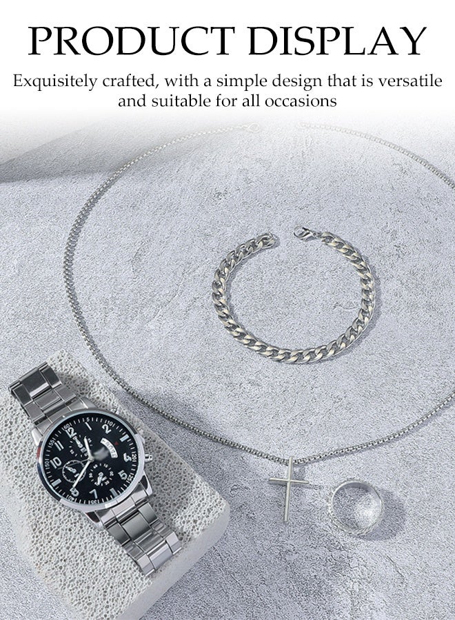 DUNISO 4pcs Elegant Men's Quartz Watch & Accessory Gift Set, Includes Stylish Fashion Necklace & Ring & Bracelet in Display Box, Ideal Trendy Present for Friends - Image 5