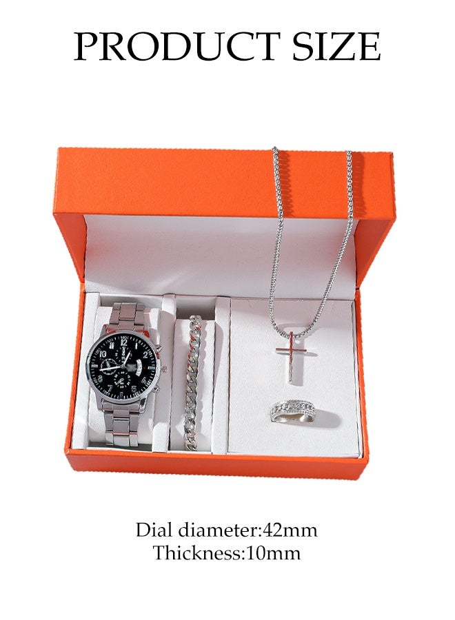 DUNISO 4pcs Elegant Men's Quartz Watch & Accessory Gift Set, Includes Stylish Fashion Necklace & Ring & Bracelet in Display Box, Ideal Trendy Present for Friends - Image 2