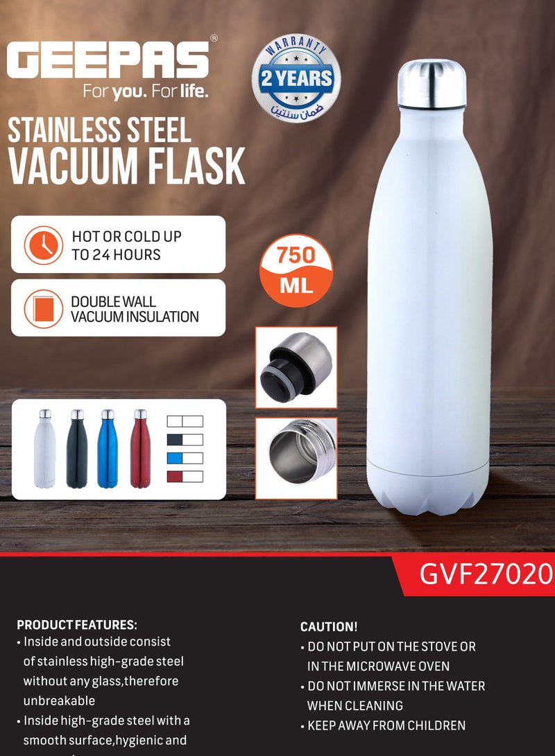 GEEPAS قارورة مفرغة من الفولاذ المقاوم للصدأ من جيباس سعة 750 مل GVF27020، معزولة بجدار مزدوج للمشروبات الساخنة والباردة، مريحة للإمساك بها وسهلة الحمل، مناسبة للاستخدام الداخلي والخارجي  - Image 5
