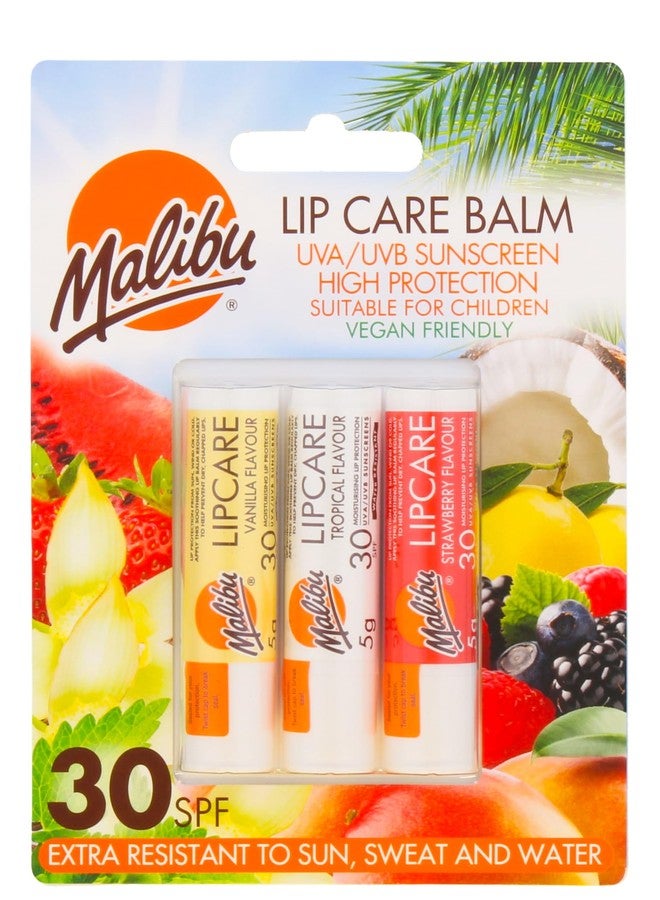 Malibu Lip Care Balm, Vanilla, Tropical, Strawberry, SPF30 - Image 1